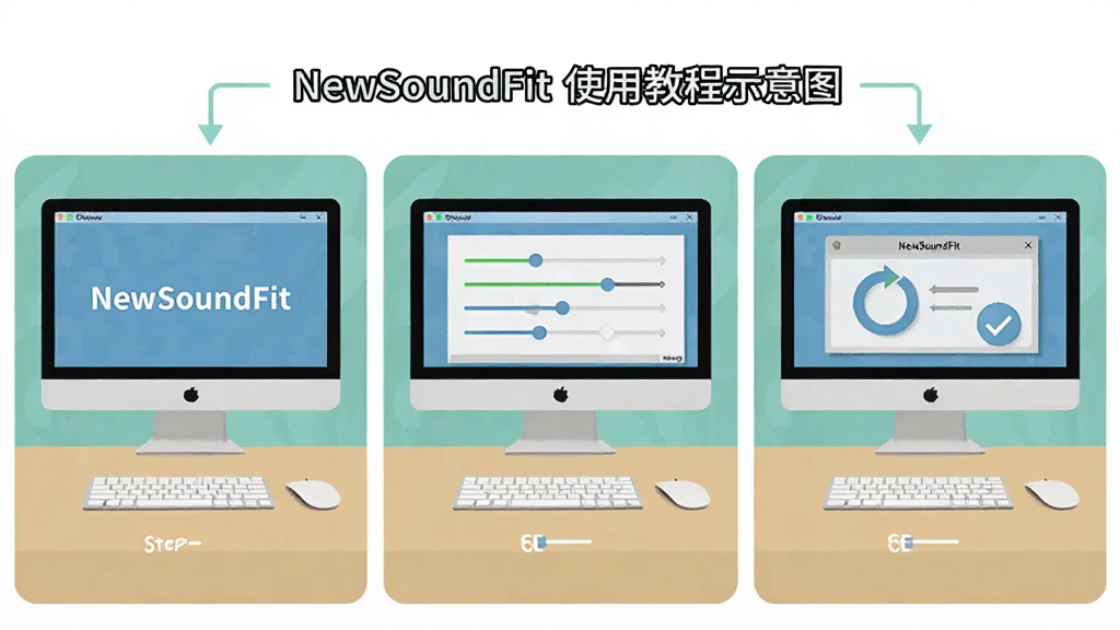 NewSoundFit使用教程示意图,画面展示电脑屏幕上软件的操作步骤,从打开软件到调节滑块再到保存配置,分三个小画面排列,风格清新扁平,屏幕中显示文字