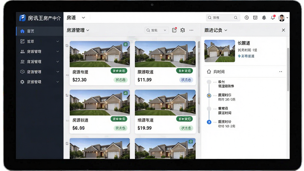 一张展示房讯王房产中介管理软件房源管理界面的生图,画面主体为电脑屏幕上的房源列表与详情面板,布局为左侧导航栏、中间房源卡片列表、右侧房源详情与跟进记录,排版整齐清晰,风格为现代软件界面截图风格,细节包括房源图片缩略图、价格标签、状态标签、跟进时间线,画质清晰,干净,无多余元素