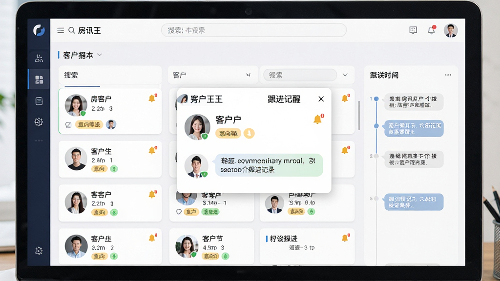 一张展示房讯王房产中介管理软件客源跟进界面的生图,画面主体为电脑屏幕上的客户列表与跟进提醒弹窗,布局为顶部搜索栏、中间客户卡片、右侧跟进时间轴,排版清晰,风格为现代商务软件界面,细节包括客户头像、意向等级标签、提醒铃铛图标、跟进记录气泡,画质清晰,干净,无多余元素