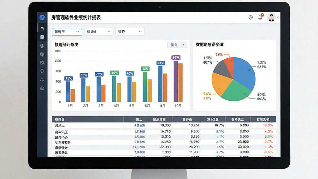 一张展示房讯王房产中介管理软件业绩统计报表界面的生图,画面主体为电脑屏幕上的柱状图与饼图组合报表,布局为上方筛选条件、中间图表区域、下方数据表格,排版规整,风格为现代数据可视化界面,细节包括彩色柱状条、百分比标签、数据表格行,画质清晰,干净,无多余元素