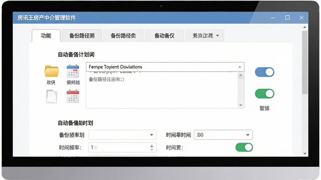 一张展示房讯王房产中介管理软件数据备份设置界面的生图,画面主体为电脑屏幕上的备份路径选择与自动备份计划设置面板,布局为上方功能选项卡、中间路径选择框、下方备份频率与时间设置,排版简洁,风格为现代软件设置界面,细节包括文件夹图标、日历图标、开关按钮,画质清晰,干净,无多余元素