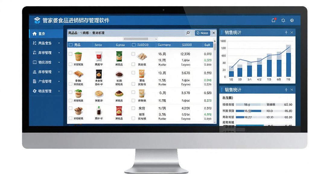 管家婆食品进销存管理软件主界面全貌展示,画面中央是电脑屏幕显示商品列表与库存数据看板,左侧为功能导航菜单,右侧为销售统计图表,整体布局清晰专业,商务蓝色调风格,细节包含食品类商品图标与数字报表,画质清晰干净,无多余元素