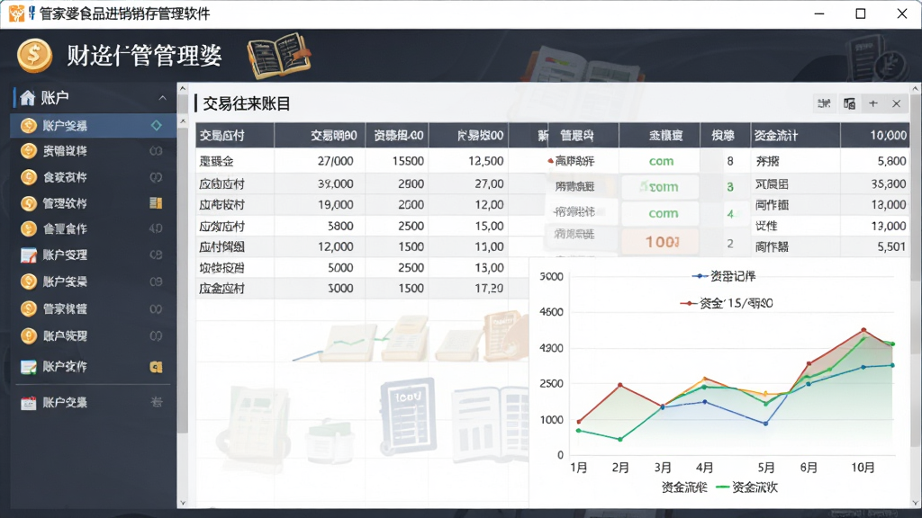 管家婆食品进销存管理软件财务往来账目界面,画面展示应收应付明细表格与资金流水折线图,布局左侧为账户列表右侧为交易记录,风格沉稳可靠,细节包含钱币图标与账本图案,画质清晰干净,无多余元素