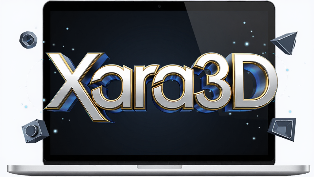 软件名称Xara3D,主体是一台打开着的笔记本电脑屏幕,屏幕上显示着立体金属质感的3D文字“Xara3D”,文字带有金色倒角和蓝色环境光反射,布局为居中构图,排版简洁,风格为现代科技感,细节包括屏幕周围有悬浮的3D几何图形和光点,画质高清,干净,无多余元素