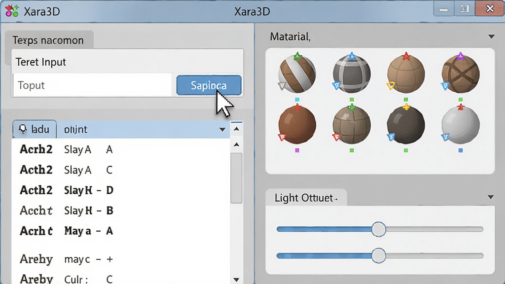 软件名称Xara3D,主体是软件操作界面截图风格的插画,布局为左右分栏,左侧显示文字输入框和字体列表,右侧显示材质球和光照调节滑杆,排版整洁,风格为扁平化UI设计,细节包括界面中有鼠标光标正在点击按钮,画质清晰,干净,无多余元素