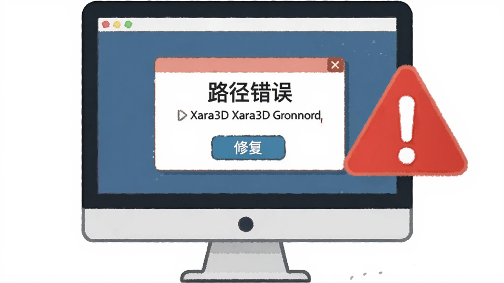 软件名称Xara3D,主体是一台电脑屏幕上显示错误提示框,旁边有一个红色的警示图标,布局为居中构图,排版突出避坑主题,风格为教程插图风,细节包括屏幕上有“路径错误”字样和修复按钮,画质清晰,干净,无多余元素