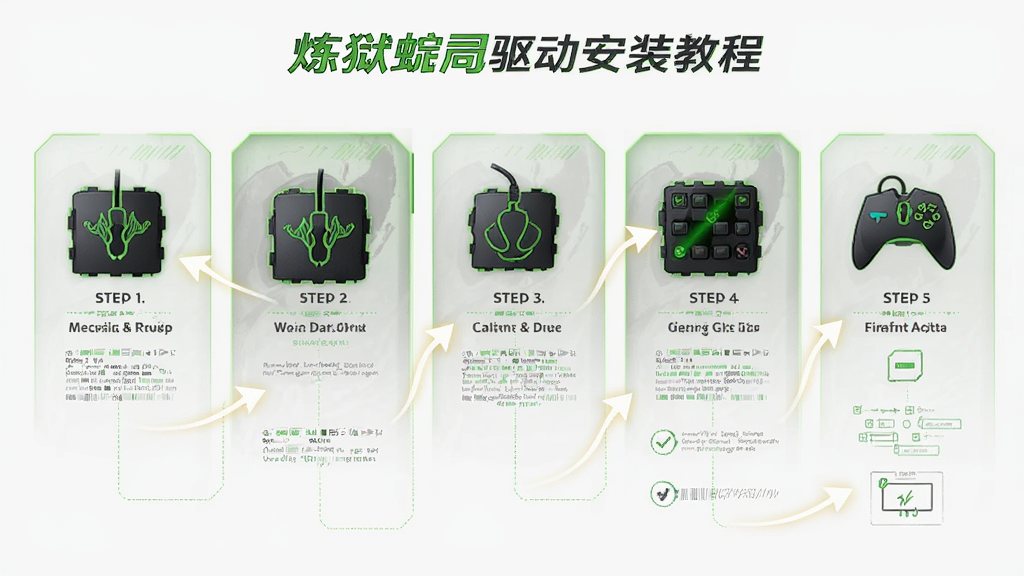 炼狱蝰蛇驱动安装教程步骤图,画面以信息图形式展示从下载安装包到完成配置的五个步骤,每个步骤配有小图标和简短文字说明,整体采用浅色背景搭配绿色和深灰色元素,风格简洁实用,排版清晰易读,画质高清,无多余装饰