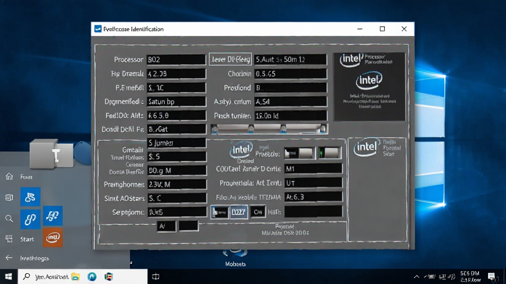 一张展示Intel Processor Identification软件运行在Windows桌面上的图片,主体为软件窗口与桌面背景,窗口内显示处理器详细信息,布局居中,风格为真实软件截图风格,细节包括任务栏、开始菜单、窗口阴影,画质清晰干净无多余元素