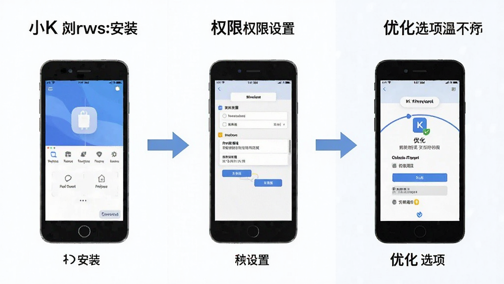 一张展示小K浏览器安装与设置流程的步骤图,画面分为三个区域,分别呈现下载安装、权限设置、优化选项的界面示意,风格简洁直观,细节清晰,画质干净明亮