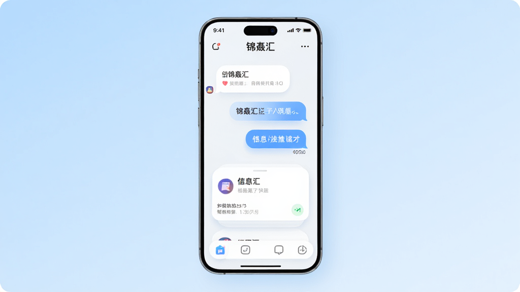 画面主体是一部智能手机,屏幕中显示锦晟汇应用界面,界面包含对话气泡与信息卡片,布局为手机居中展示,背景为浅蓝色渐变,风格为现代科技简约风,细节包括圆角图标、柔和阴影与清晰文字排版,画质高清,画面干净,无多余元素