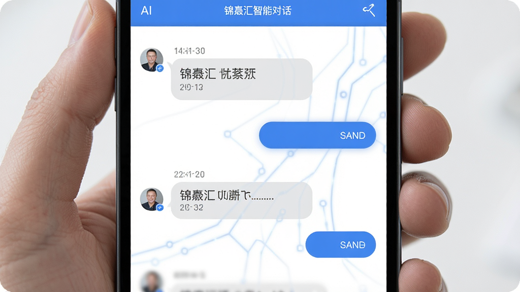 画面主体为锦晟汇智能对话界面,手机屏幕中显示用户与AI的对话气泡,布局为上下排列的聊天列表,风格为扁平化科技风,细节包括蓝色发送按钮、灰色接收气泡与时间戳,画质高清,画面干净,无多余元素