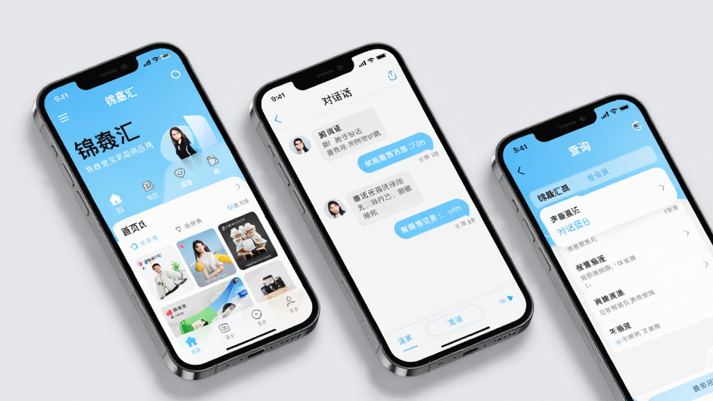 画面主体为锦晟汇应用在多部手机上的展示,布局为三台手机错落排列,屏幕分别显示首页、对话页与查询页,风格为清新浅色系,细节包括圆角屏幕、柔和阴影与浅灰背景,画质高清,画面干净,无多余元素