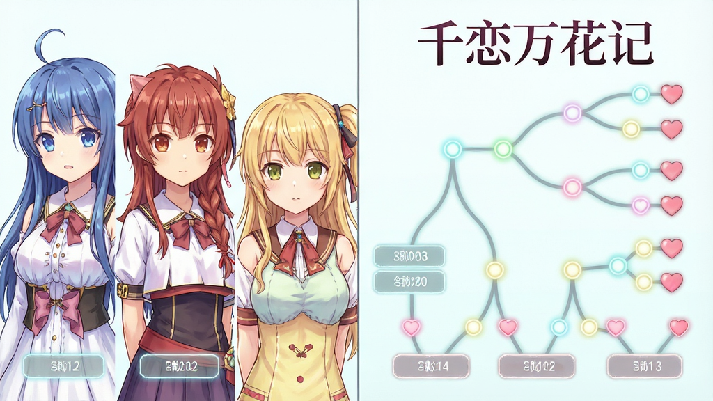 画面采用左右分栏布局,左侧列出三位不同发色与服饰的动漫少女半身像,右侧展示树状剧情分支图,分支节点用发光圆点连接,顶部居中书写“千恋万花记”艺术字,整体为清新浅色系日系插画风格,细节包含选项按钮与爱心图标,画质干净清晰,无多余元素