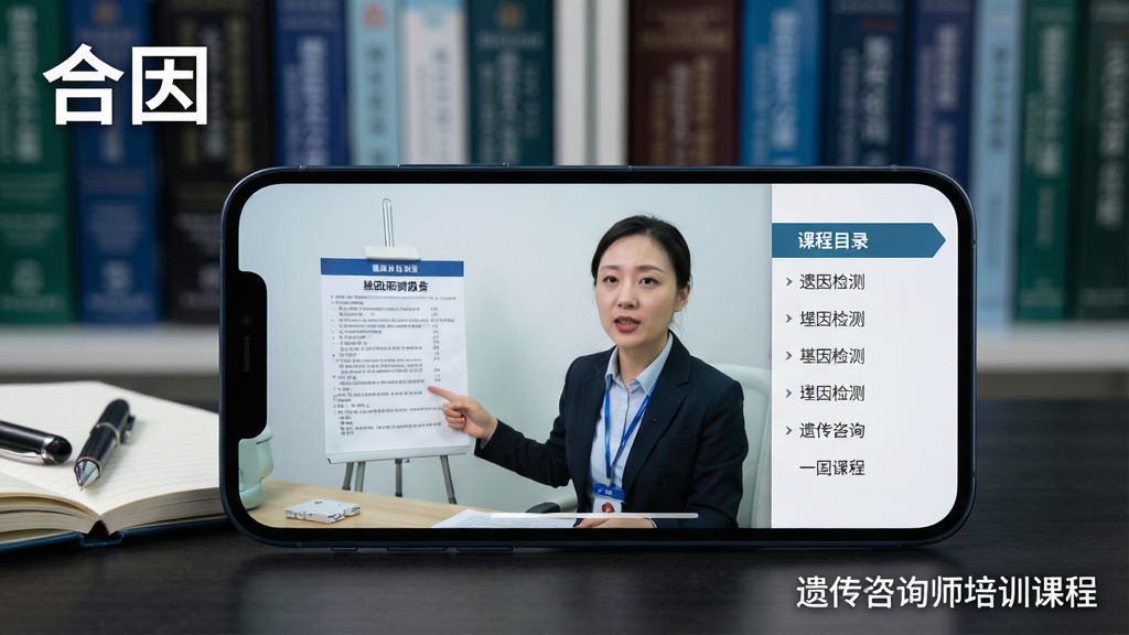 一部智能手机横屏播放合因软件中的遗传咨询视频课程,屏幕中显示一位讲师正在讲解基因检测报告,画面右侧有课程目录列表。手机放置在深色桌面上,旁边有一本打开的笔记本和一支笔。背景为虚化的医学书籍书架。画面左上角用白色字体写着“合因”,右下角用小字标注“遗传咨询师培训课程”。风格专业、学术氛围浓厚,画质高清,干净无多余元素。