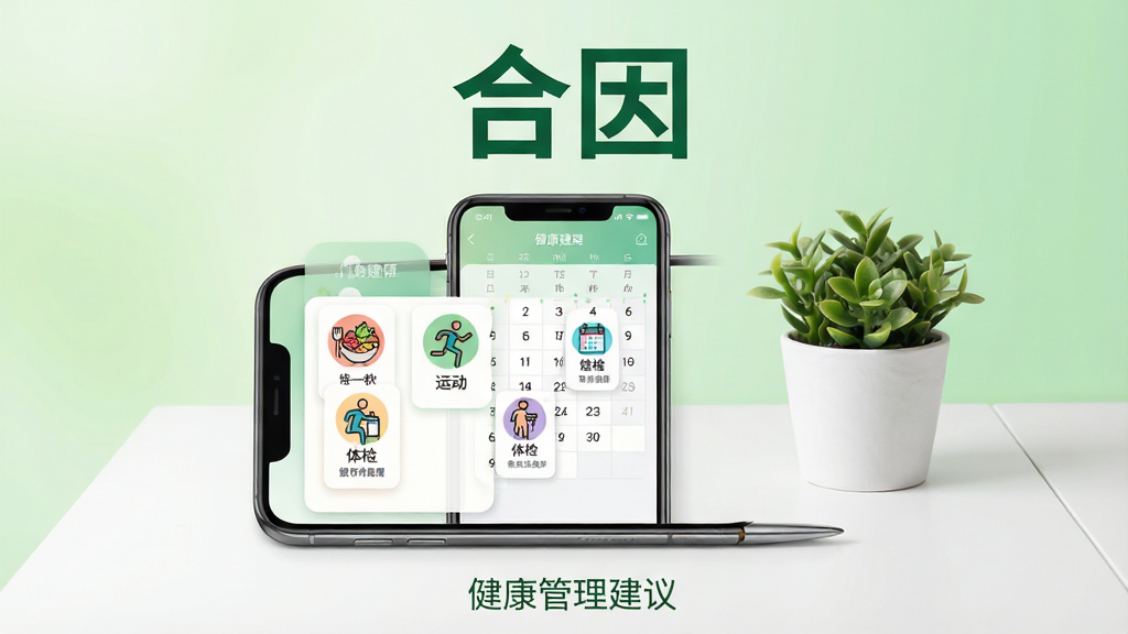 合因软件展示健康管理建议与随访提醒功能,手机屏幕显示个性化健康建议卡片和日历提醒界面。卡片上有饮食、运动、体检等图标。手机放置在白色桌面上,旁边有一盆小绿植。背景为淡绿色渐变,整体风格清新健康。画面顶部用深绿色字体写着“合因”,底部用小字写着“健康管理建议”。画质干净,排版清晰。