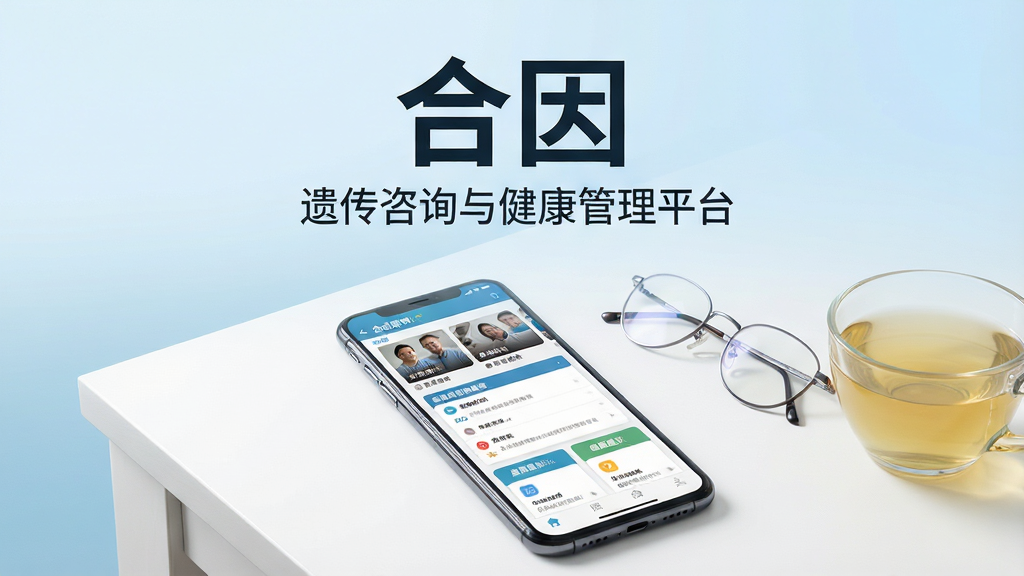 一幅展示合因软件核心功能的综合场景图。画面主体为一部智能手机,屏幕显示合因软件的主界面,界面中包含遗传咨询视频课程列表、基因检测报告解读模块和健康建议卡片。手机放置在一张干净的白色桌面上,旁边有一副细框眼镜和一杯清茶。背景为淡蓝色渐变,整体风格简洁专业、科技感与医疗感兼具。画面中央上方用大号字体写着“合因”,下方用小字写着“遗传咨询与健康管理平台”。排版居中对称,画质清晰干净,无多余元素。