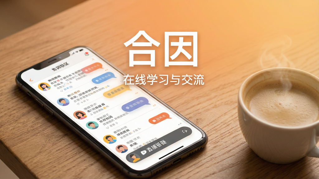 合因软件中的在线学习与交流社区界面,手机屏幕显示讨论区帖子列表和直播答疑入口。画面中有多个用户头像和对话气泡的抽象示意。手机放置在一张木质桌面上,旁边有一杯咖啡。背景为温暖的浅橙色渐变。画面中央上方用白色字体写着“合因”,下方用小字写着“在线学习与交流”。风格温馨、互动感强,画质清晰,无多余元素。
