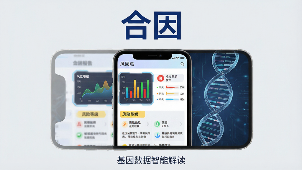 合因软件界面展示基因数据智能解读功能,手机屏幕中显示一份基因检测报告的解读结果,包含彩色图表、风险等级标识和通俗易懂的文字说明。手机侧边有DNA双螺旋结构的抽象图案作为装饰。背景为浅灰色,整体风格科技感强、数据可视化清晰。画面顶部用深蓝色字体写着“合因”,底部用小字写着“基因数据智能解读”。画质干净清晰,排版整洁。