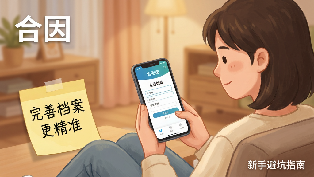 合因软件新手使用场景示意图,画面中一位年轻用户坐在沙发上使用手机,手机屏幕显示合因软件的注册登录界面和健康档案填写页面。旁边有一张便签纸写着“完善档案更精准”。背景为温馨的家居环境,色调柔和。画面左上角用白色字体写着“合因”,右下角用小字写着“新手避坑指南”。画质清晰,风格亲切,无多余元素。