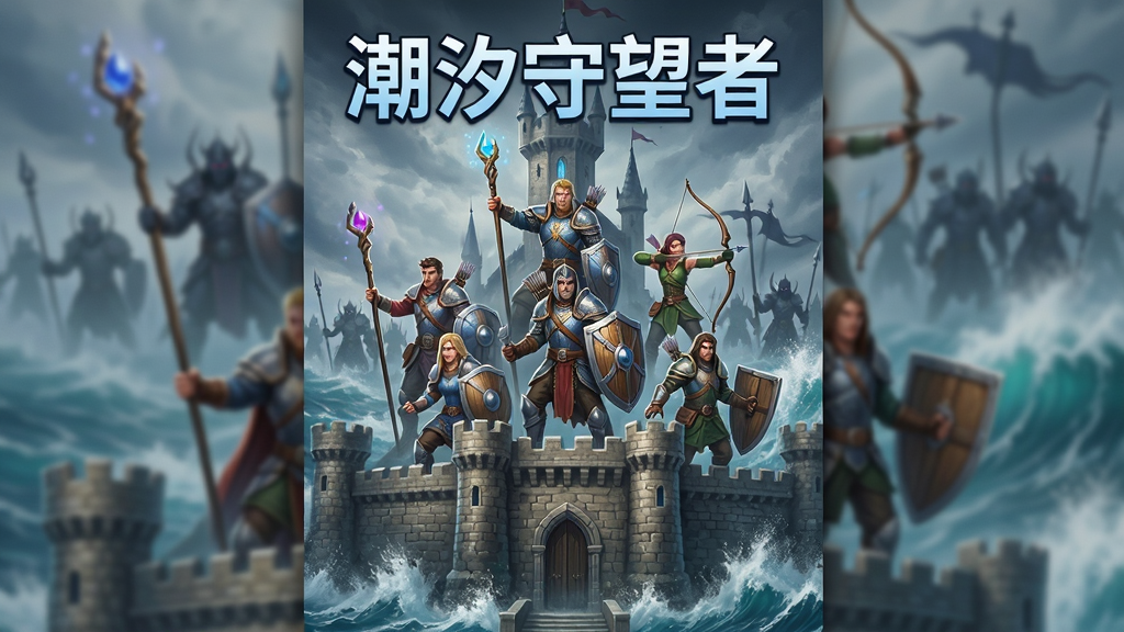 画面中央展示一座被潮水环绕的奇幻城堡,城堡上站立着多位手持法杖、弓箭和盾牌的英雄角色,背景是翻涌的海浪与远处若隐若现的暗影军团,整体布局采用竖版手机游戏海报风格,上方留出空间放置标题文字“潮汐守望者”,风格为欧美奇幻CG插画,细节包括英雄盔甲纹理、海浪飞沫和城堡石砖质感,画质高清,干净,无多余元素