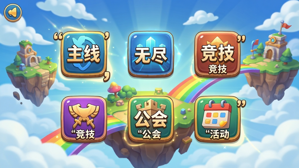 画面显示一个游戏主界面大厅,中央有五个不同模式的入口图标,分别标注为“主线”“无尽”“竞技”“公会”“活动”,背景是漂浮在空中的岛屿和彩虹桥,布局为手机游戏UI界面展示风格,风格为卡通渲染,细节包括图标立体感、背景云朵和光效,画质高清,干净,无多余元素,图片中文字必须加引号:“主线”“无尽”“竞技”“公会”“活动”