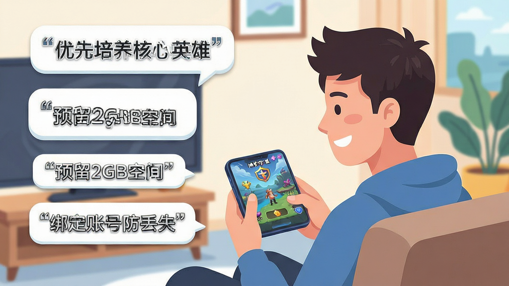 画面展示一位新手玩家坐在沙发上手持手机,手机屏幕上显示潮汐守望者的游戏界面,旁边有提示气泡写着“优先培养核心英雄”“预留2GB空间”“绑定账号防丢失”,布局为生活场景插画风格,风格为扁平化矢量插画,细节包括人物表情、手机外观和气泡文字,画质高清,干净,无多余元素,图片中文字必须加引号:“优先培养核心英雄”“预留2GB空间”“绑定账号防丢失”