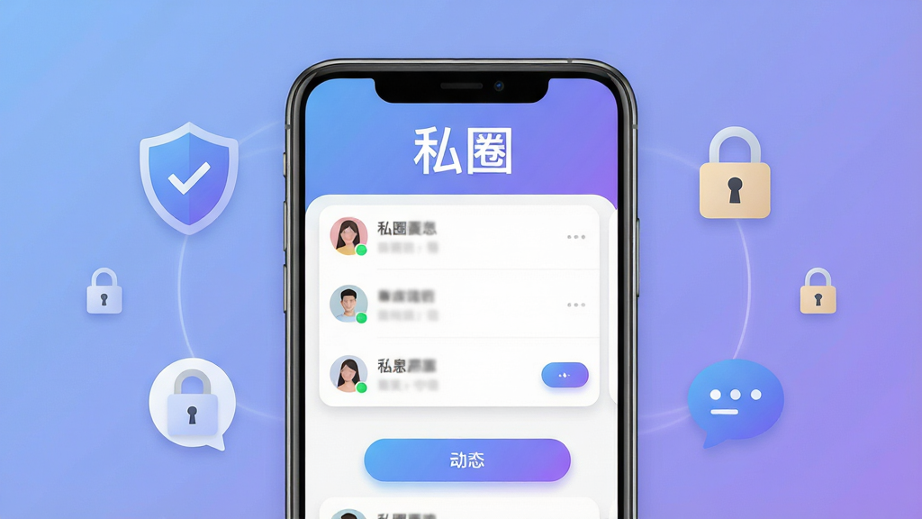 一款名为“私圈”的安卓手机应用界面展示,画面中央是手机屏幕,屏幕内呈现私密社交圈子聊天列表与动态卡片,背景为柔和的蓝紫色渐变,周围环绕盾牌、锁、对话气泡等隐私安全元素图标,布局采用居中对称式排版,风格为现代扁平化UI设计,细节包括圆角卡片、微投影、渐变按钮,画质清晰干净,无多余元素,文字“私圈”以白色无衬线字体显示在手机屏幕顶部。
