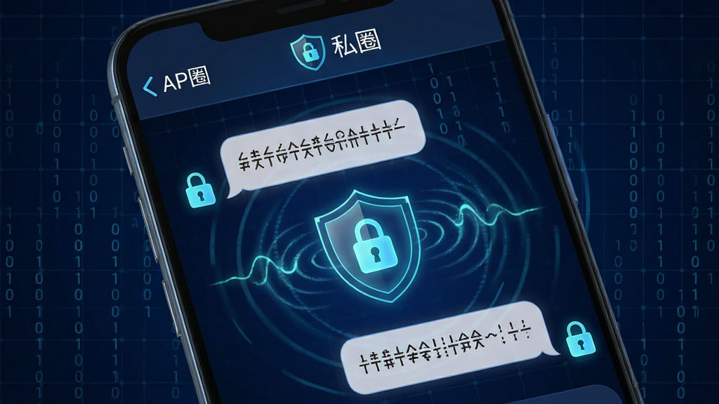一部安卓手机展示“私圈”APP的加密聊天界面,屏幕中显示对话气泡与锁形图标,气泡内文字为密文符号,背景为深蓝色科技感网格,布局为左右对话式排版,风格为赛博安全风,细节包括发光的锁形盾牌、加密波纹、二进制代码点缀,画质锐利干净,无多余元素,屏幕上方有“私圈”字样与盾牌标志。