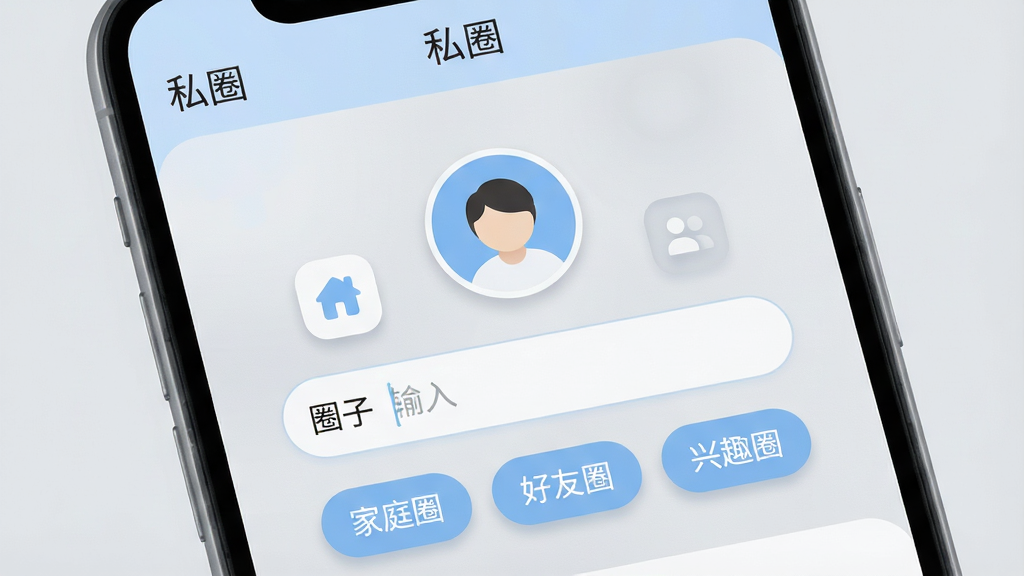 一部安卓手机屏幕显示“私圈”APP的圈子创建页面,页面中央是圆形头像选择区与圈子名称输入框,下方有“家庭圈”“好友圈”“兴趣圈”三个圆角标签按钮,背景为浅灰色磨砂质感,布局采用上下分层结构,风格为极简清新风,细节包括柔和的阴影、圆润的图标、淡蓝色主色调,画质高清干净,无多余元素,屏幕顶部显示“私圈”文字标识。