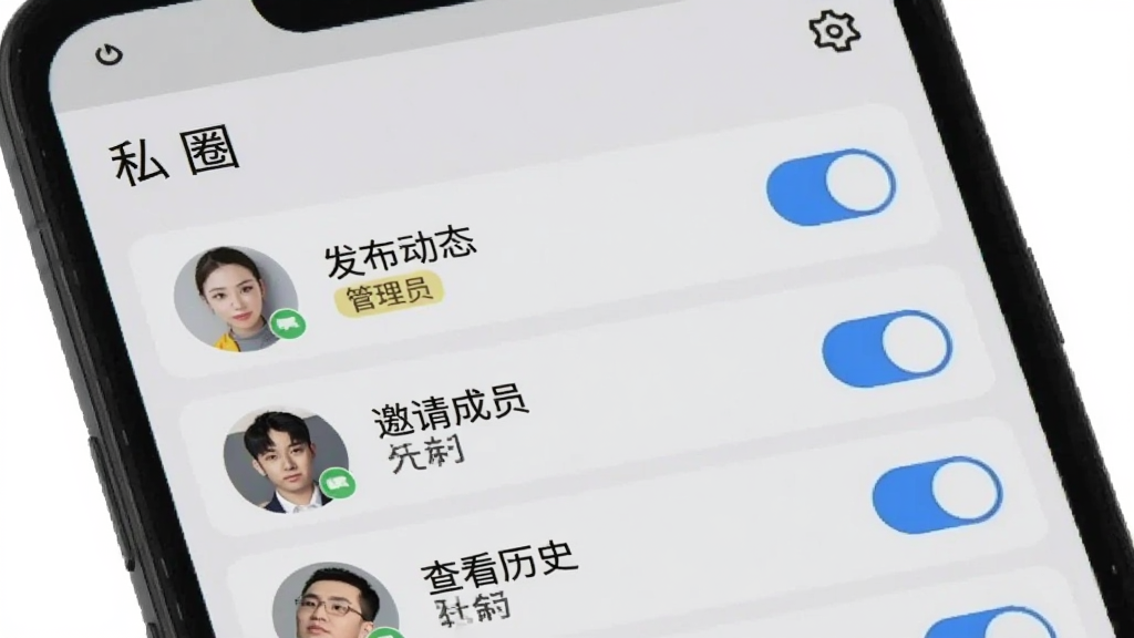 一部安卓手机展示“私圈”APP的成员权限管理页面,屏幕中列出多位成员头像与权限开关列表,开关包括“发布动态”“邀请成员”“查看历史”等,背景为浅灰色,布局为列表式排版,风格为简约商务风,细节包括圆角开关、成员头像、管理员标签,画质清晰干净,无多余元素,屏幕顶部显示“私圈”文字与设置图标。