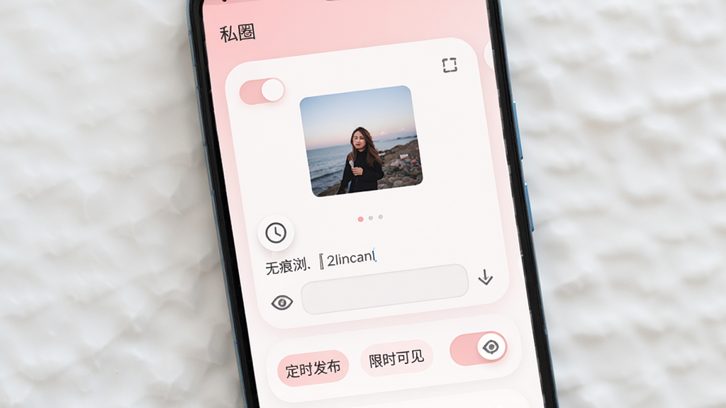一部安卓手机呈现“私圈”APP的动态发布页面,屏幕中央是图片选择区域与文字输入框,下方有“无痕浏览”“定时发布”“限时可见”三个开关按钮,背景为淡粉色与白色渐变,布局为纵向卡片式排版,风格为柔和圆角风,细节包括半透明开关、时钟图标、眼睛图标,画质清晰干净,无多余元素,屏幕顶部显示“私圈”文字。