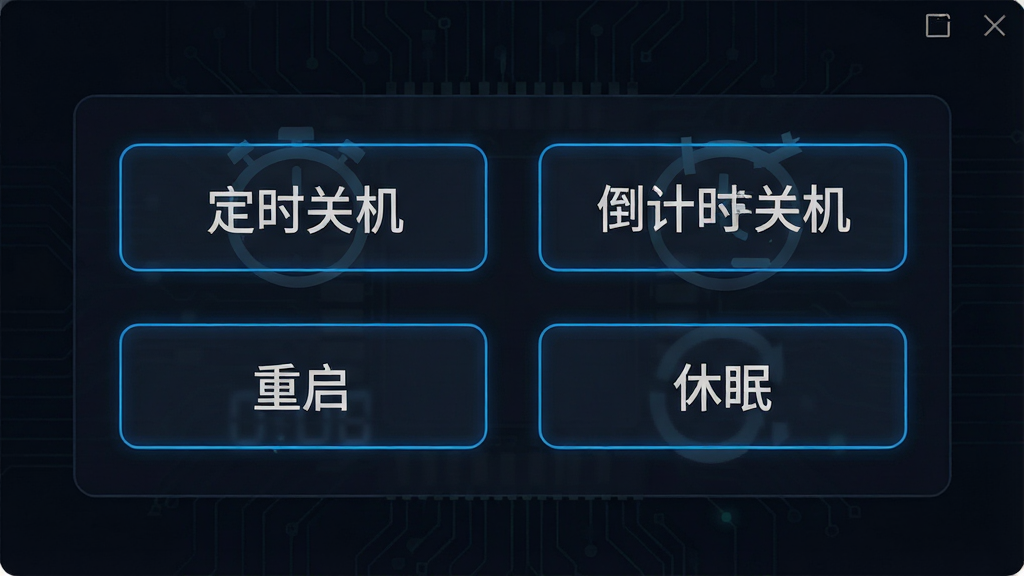 自动关机小助手软件主界面截图,主体为深色科技感背景,中央展示一个简洁的倒计时设置面板,面板上有“定时关机”、“倒计时关机”、“重启”、“休眠”等大号按钮,布局清晰,排版采用居中对称式,风格为现代扁平化UI,细节上按钮带有微弱的蓝色发光边缘,背景有淡淡的电路板纹理,画质清晰锐利,干净无多余元素