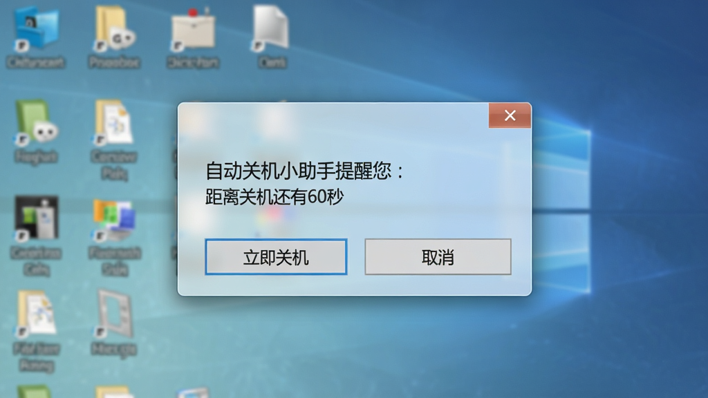 自动关机小助手提醒弹窗示意图,主体为电脑屏幕中央弹出的倒计时提示框,框内显示“自动关机小助手提醒您:距离关机还有60秒”字样,下方有“立即关机”和“取消”按钮,布局为居中弹窗排版,风格为Windows系统原生通知风格,细节上弹窗带有半透明毛玻璃效果,背景模糊显示桌面图标,画质清晰,干净无多余元素