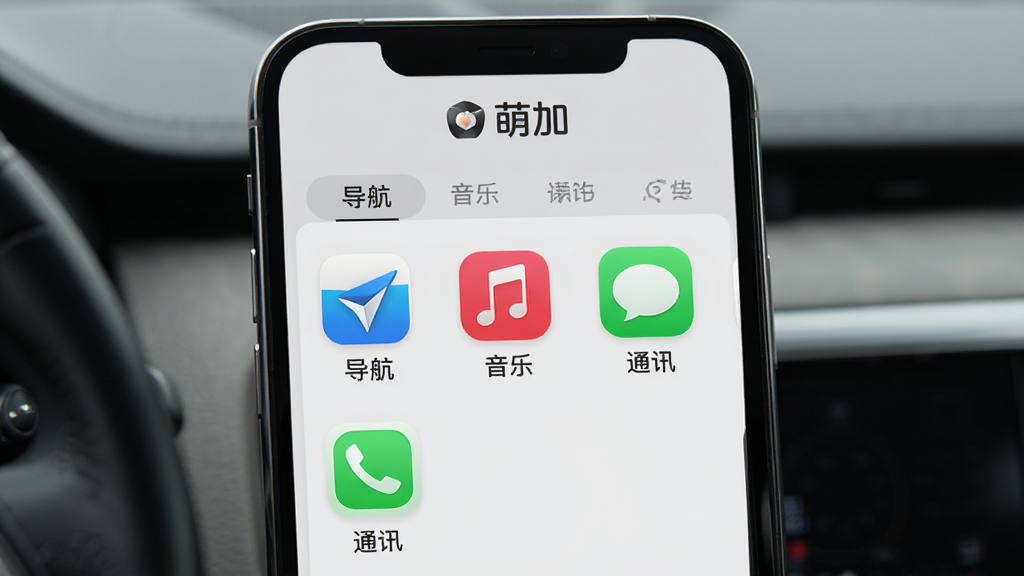 萌加车载应用管理界面,手机屏幕显示应用列表,分类标签有导航、音乐、通讯,每个应用图标清晰,界面顶部有“萌加”logo,背景为浅灰色,风格简约商务,干净无多余元素,高清画质