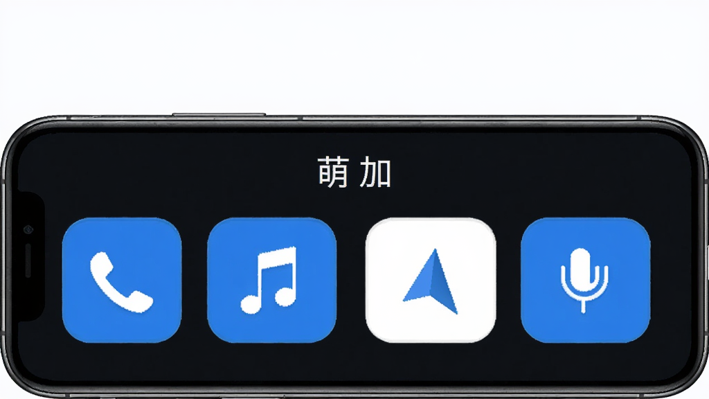 萌加驾驶模式界面,手机横屏显示大图标按钮,包括电话、音乐、导航、语音助手,界面顶部有“萌加”字样,背景为深色减少眩光,按钮颜色为蓝色和白色,风格简洁实用,干净无多余元素,高清画质