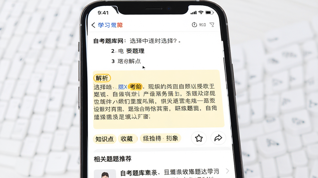 一张自考题库网题目解析页面的AI生成图,主体为手机屏幕,屏幕内显示一道选择题及其详细解析文字,解析区域用浅黄色背景突出,下方有知识点标签和相关题目推荐,布局为上下结构,风格为学习类APP常见的清爽阅读界面,细节包括解析段落、考点标注、收藏与分享图标,画质高清,画面干净,无多余元素