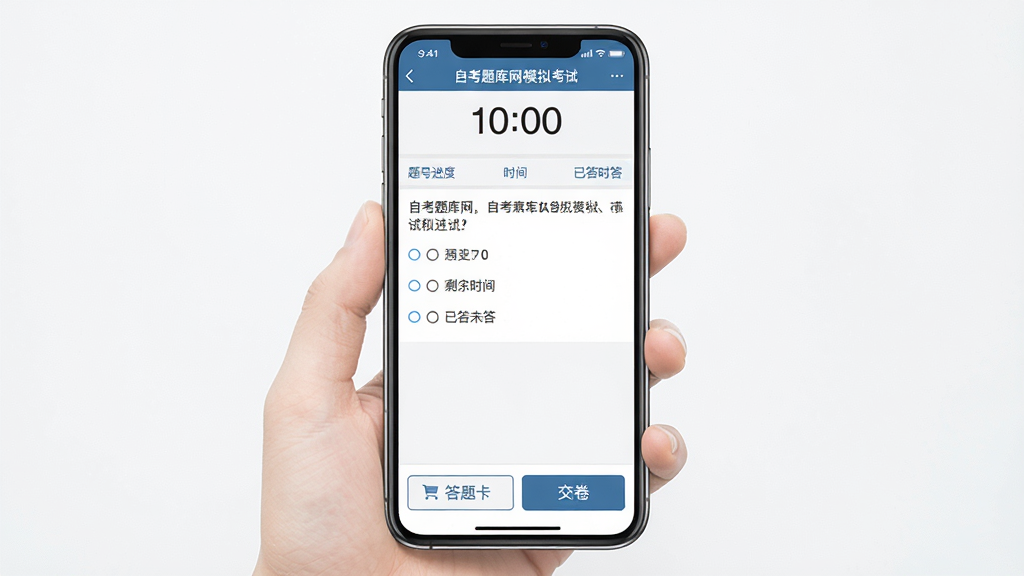 一幅展示自考题库网模拟考试功能的生图,主体为手机屏幕,屏幕内显示模拟考试答题页面,顶部有倒计时器,中间为单选题题干与四个选项,底部有答题卡和交卷按钮,布局清晰,风格为考试系统常见的简洁界面,细节包括题号进度、剩余时间、已答未答标记,画质高清,画面干净,无多余元素