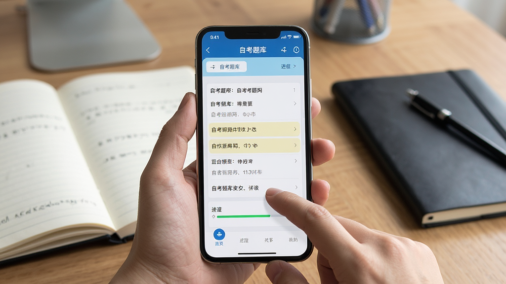 一张展示自考题库网在手机上运行的实拍风格预览图,主体为手持智能手机,屏幕内显示自考题库网APP的刷题界面,背景为书桌与笔记本,布局为手机居中,风格为真实生活场景,细节包括手指点击屏幕、题目选项高亮、进度条显示,画质高清,画面干净,无多余元素