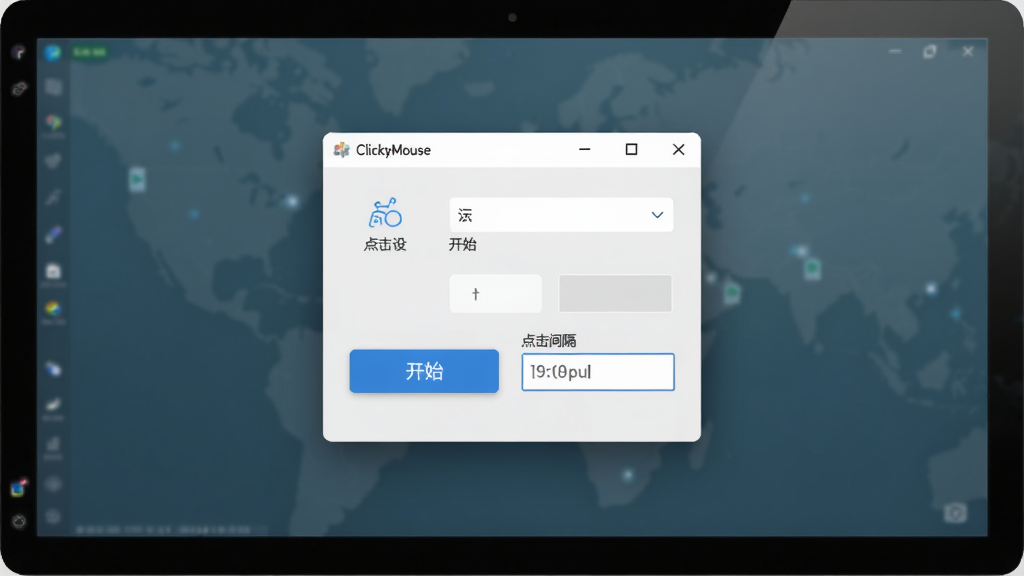 ClickyMouse软件主界面预览图,主体为电脑屏幕中央打开的小巧工具窗口,窗口内包含鼠标点击设置面板、开始与停止按钮、点击间隔输入框,布局简洁清晰,排版居中对称,风格为现代扁平化科技风,细节上窗口带有柔和阴影与蓝色高亮按钮,画质1080p,干净,无多余元素