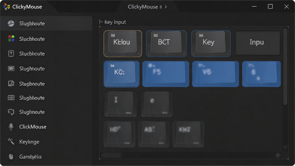 ClickyMouse热键操控界面示意图,主体为软件设置面板中的热键配置区域,布局为左侧功能列表右侧按键输入框,排版整齐,风格为暗色系专业工具风,细节包含键盘按键图标与高亮选中状态,画质清晰,干净,无多余元素