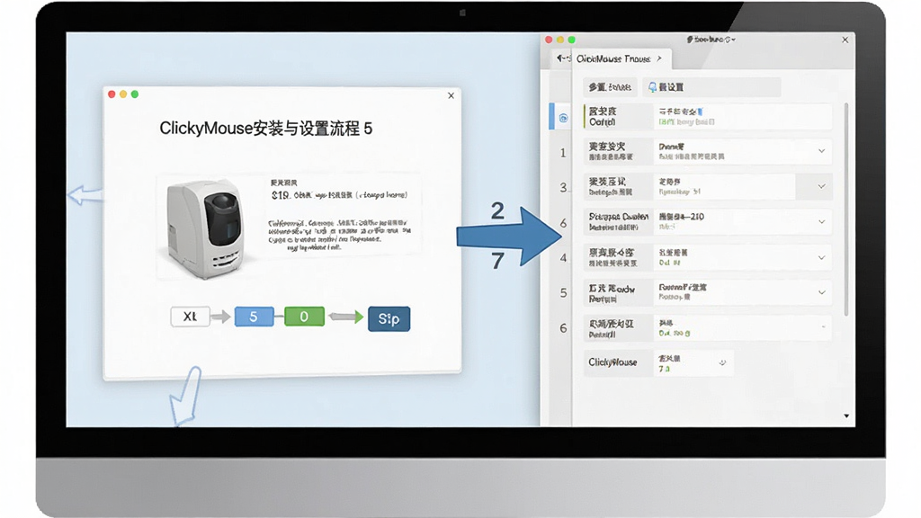 ClickyMouse安装与设置流程示意图,主体为电脑屏幕分屏展示,左侧为安装向导界面右侧为参数设置面板,布局左右对称,排版清晰,风格为简洁教程风,细节包含箭头指引与步骤编号,画质高清,干净,无多余元素
