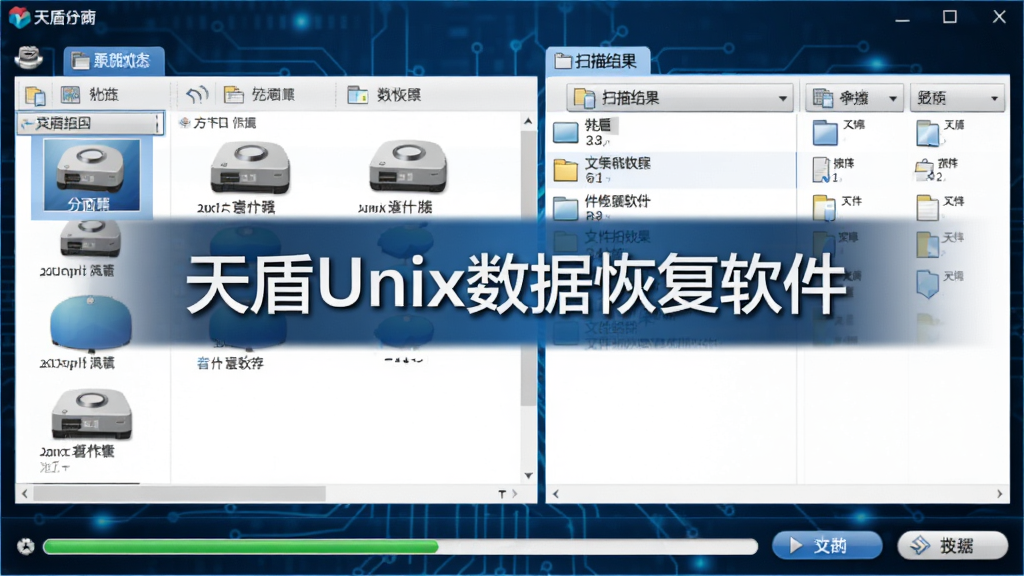 天盾Unix数据恢复软件主界面预览,画面中央展示软件名称“天盾Unix数据恢复软件”,背景为深蓝色科技风格,左侧为磁盘分区列表,右侧为文件扫描结果区域,底部有进度条和操作按钮,整体布局清晰,风格专业简洁,画质干净,无多余元素