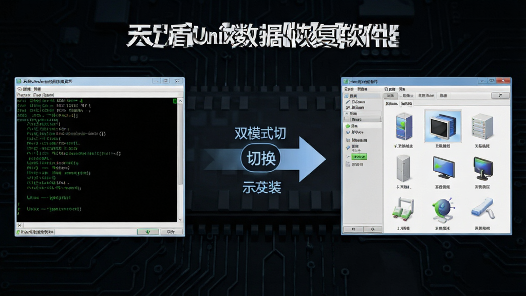 天盾Unix数据恢复软件操作技巧示意图,画面中央为软件名称“天盾Unix数据恢复软件”,左侧为命令行终端窗口,右侧为图形界面窗口,中间有箭头连接表示双模式切换,背景为深色科技纹理,风格简洁专业,布局清晰,画质干净,无多余元素