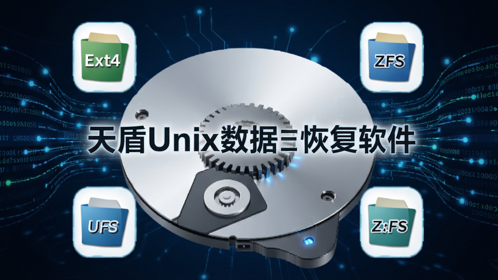 天盾Unix数据恢复软件深度扫描功能展示图,画面中央为软件名称“天盾Unix数据恢复软件”,周围环绕Ext4、UFS、ZFS等文件系统图标,背景为磁盘盘片与数据流线条,风格科技感强,布局居中,画质清晰,干净无多余元素