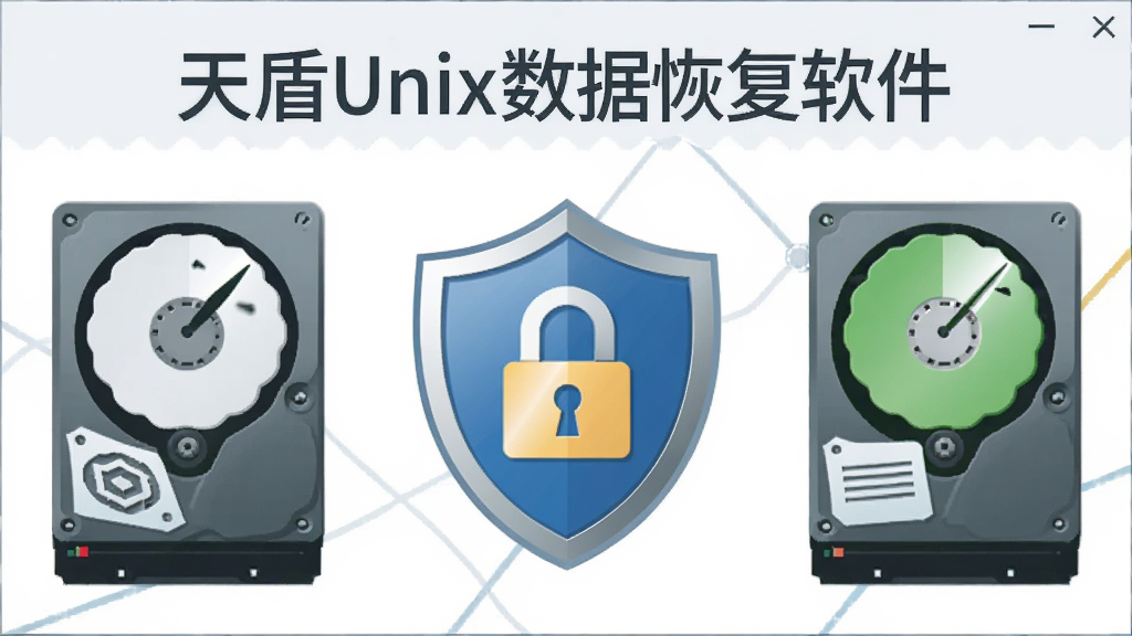 天盾Unix数据恢复软件只读扫描安全保护示意图,画面中央为软件名称“天盾Unix数据恢复软件”,左侧为故障硬盘图标,右侧为健康硬盘图标,中间有盾牌与只读锁标志,风格简洁商务,布局对称,画质干净,无多余元素