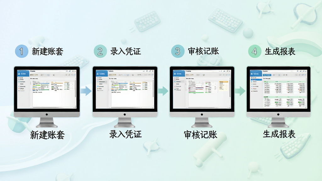 宏达财务管理系统操作流程图解展示,主体为电脑屏幕中软件操作步骤截图,布局为从左到右依次排列新建账套、录入凭证、审核记账、生成报表四个环节,排版为横向流程图,风格为清新浅色风,细节包含步骤序号和简短文字说明,画面干净无多余元素,高清画质
