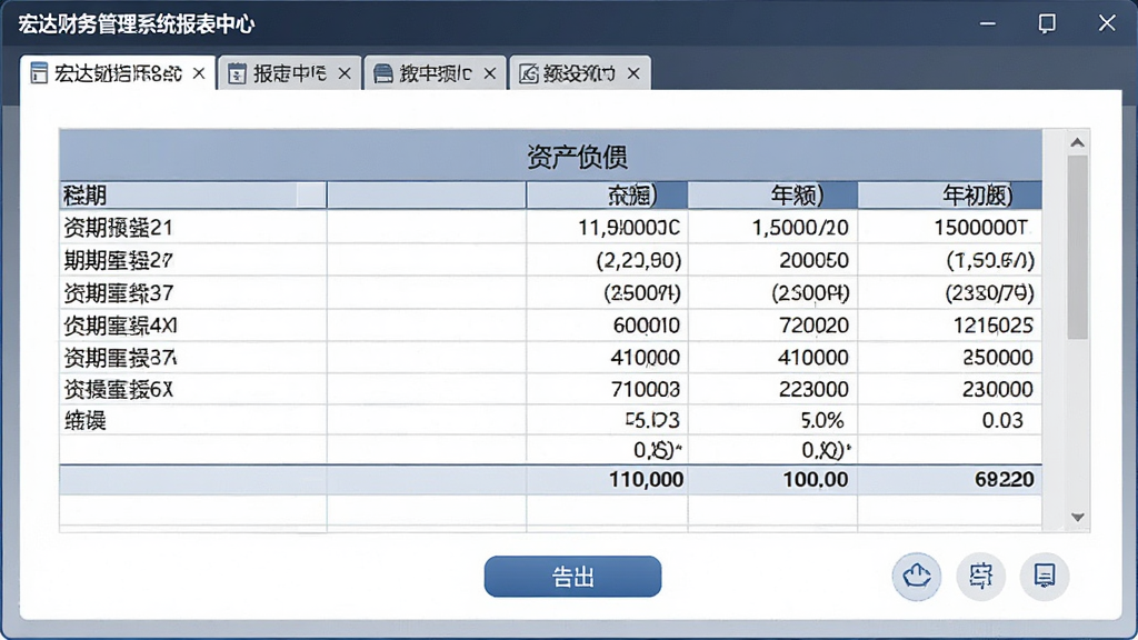 宏达财务管理系统报表中心界面展示,主体为软件报表预览窗口,布局为上方报表选择标签、中间资产负债表表格、下方导出按钮,排版清晰,风格为简约商务风,细节包含表头科目名称、期末余额、年初余额等列,画面干净无多余元素,高清画质