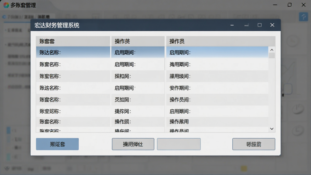 宏达财务管理系统多账套管理界面展示,主体为软件账套选择窗口,布局为上方账套列表、下方操作按钮,排版简洁,风格为素雅极简风,细节包含账套名称、启用期间、操作员等列,画面干净,高清画质