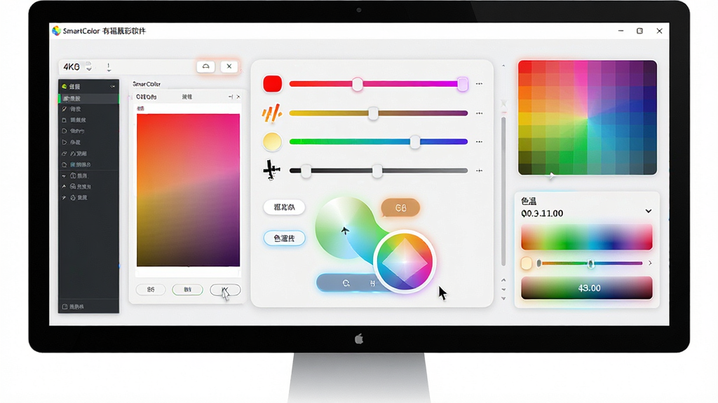 һ��չ��SmartColor�и��������������ͼƬ������Ϊ������ʾ����Ļ����Ļ������ʾɫ�ʵ��ڻ����ɫ�ֹ��ߣ����ֲ��þ��й�ͼ�������������������ͼ���Ҳ����ɫ�ʽ�������ɫ����ֵ��壬�Ű��������룬���Ϊ�ִ��Ƽ��м�Լ�磬ϸ�ڰ�����Ļ�߿����ָ�롢���ڰ�ť��΢��Ч��������Ϊ����4K���ɾ��޶���Ԫ�ء�