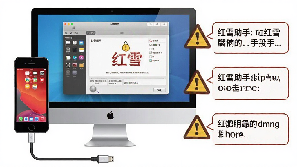 一张展示红雪助手使用注意事项的图片,画面中一部iPhone通过数据线连接电脑,电脑屏幕显示